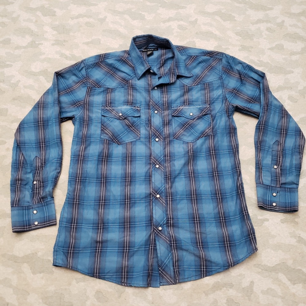 Pelham Shirt Mens Large Blue Plaid Western Pockets Pearl Snap Long Sleeve Rodeo